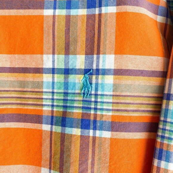 Vintage Ralph Lauren Bright Ornage Blue Plaid Button Down Casual Cotton Shirt XL - Picture 3 of 5